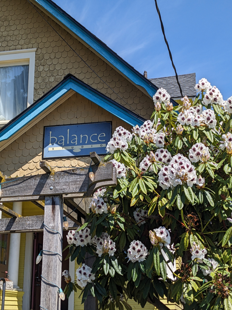 Closeup of a yellow building with a teal roof and a sign that says "Balance." White rhododendrons are in front of the building.